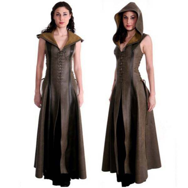 Medieval Ebay Front-Tie Five-Yard Sleeveless Hooded Long Leather Skirt Cosplay Hooded Leather Long Dress