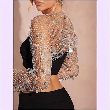 F4911Y2025 Fishnet Sequin Cardigan Top with Rhinestones Blingbling European and American Style Coverups Top