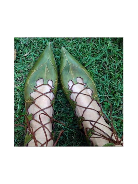 Summer Women's Flat Shoes, European and American Style, Unique Leaf Decoration, Lace-Up Pointed Shoes, Medieval Style