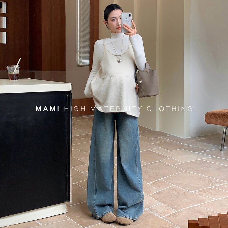 Mami High-End Maternity Wear Spring and Autumn New Slimming Scimitar Denim Wide-Leg Pants High-Neck Suspender Knit Suit Autumn and Winter