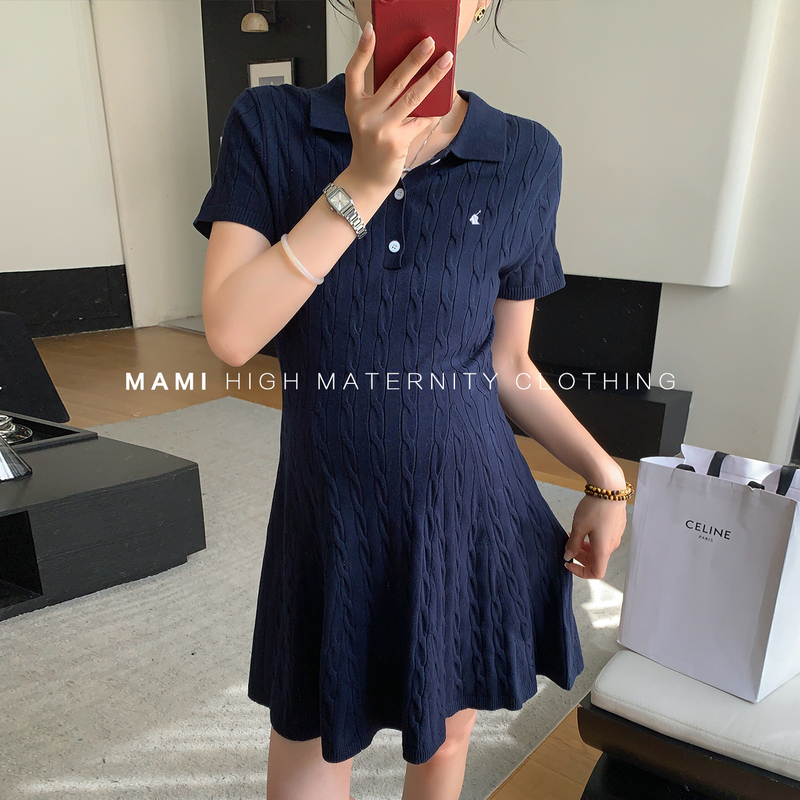 Mami High-End Maternity Wear Summer 2026 New Polo Collar Slimming Non-Tightening Belly-Friendly Knitted Dress for Pregnant Mothers Summer Style Mami High-End Maternity Wear Summer 2026 New Polo Collar Slimming Non-Tightening Belly-Friendly Knitted Dress for Pregnant Mothers Summer Style
