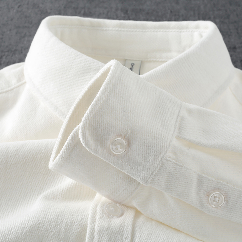 Cool and Stylish Outfit! American-Style Heavyweight White Pure Cotton Collared Long-Sleeve Shirt for Men, Vintage Solid Color Shirt Jacket