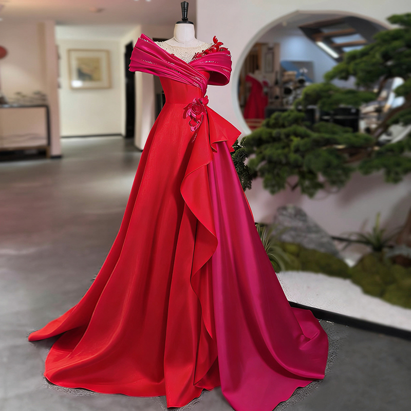 Red Off-The-Shoulder Evening Dress with a High-End Feel for Hostess, Classy and Elegant for Solo Folk Song Performance, Conductor, Vocal Arts Exam