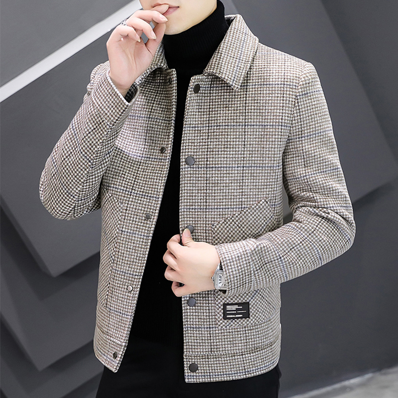 Woolen Jacket Men's Casual Autumn and Winter Tops 2023 New Short Plaid Windbreaker with Cotton and Thickened for Warmth