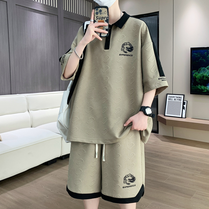 Gzaf Summer Polo Shirt Men's Suit Short-Sleeved T-Shirt Male Student Shorts Teenager Handsome Boy Two-Piece Set