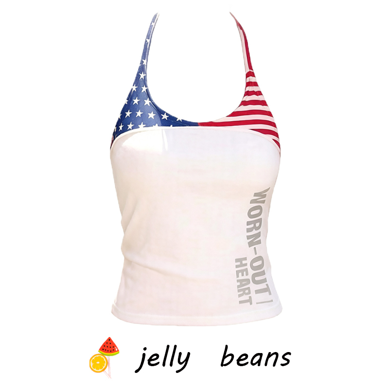 Jelly American-Style Spicy Girl Letter Print Color-Blocking Halter Neck Tank Top for Women, Summer Fashion Slim Fit Slimming Halter Top