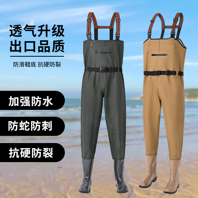 Weeding Protective Clothing, Wading Pants, Half-Body Waterproof Clothing, Weed Removal Rain Pants with Rain Boots, Fishing Full-Body Men's One-Piece Thickened Suit