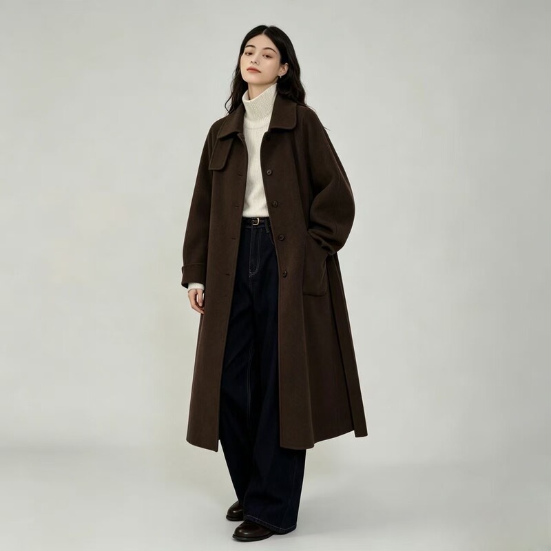 Brown Double-Sided Woolen Belted Coat for Women, 2026 Winter High-End Long Loose Gray Thick Woolen Coat