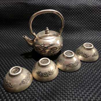 Antique miscellaneous antique old white copper silver-plated set of teacups and teapots