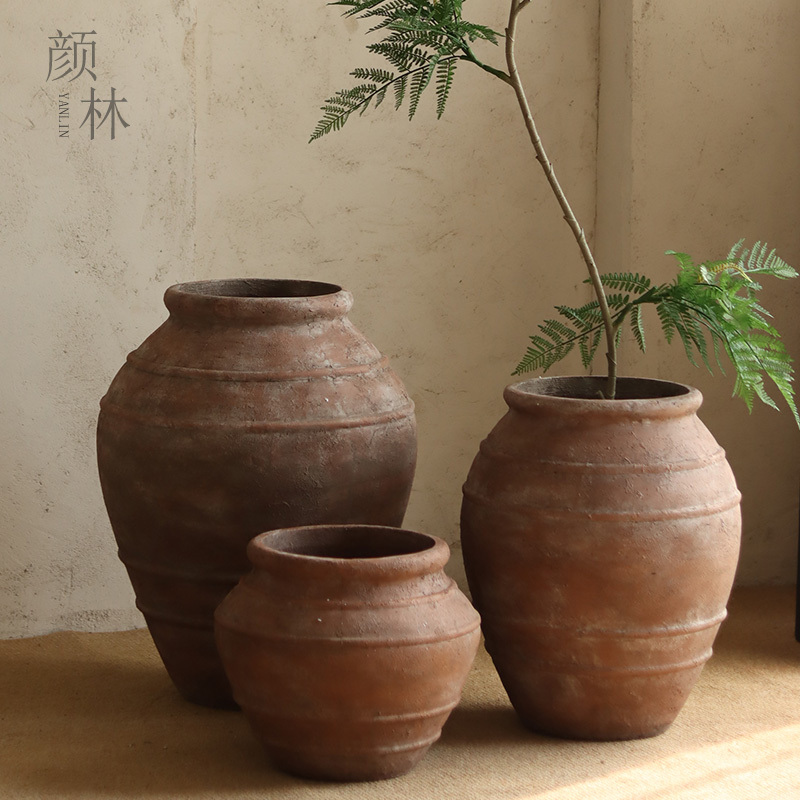 Yanlin/Vintage-Style Floor Vase Wabi-Sabi Pottery Decoration Large-Mouth Flower Pot Display Flower Arrangement Ceramic Vase Antique Jar Large Size