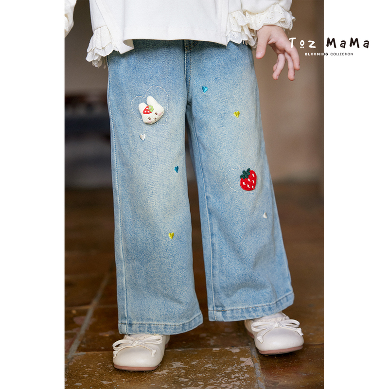 Toz Girls Autumn Love Rabbit Strawberry Washed Denim Wide-Leg Pants Girls' Long Pants