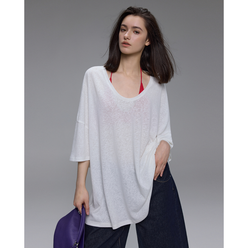 Sanji 26 New Style Commuter Relaxed Oversized Loose Mid-Sleeve Lazy Style T-Shirt for Women with Dropped Shoulder Sleeves Top