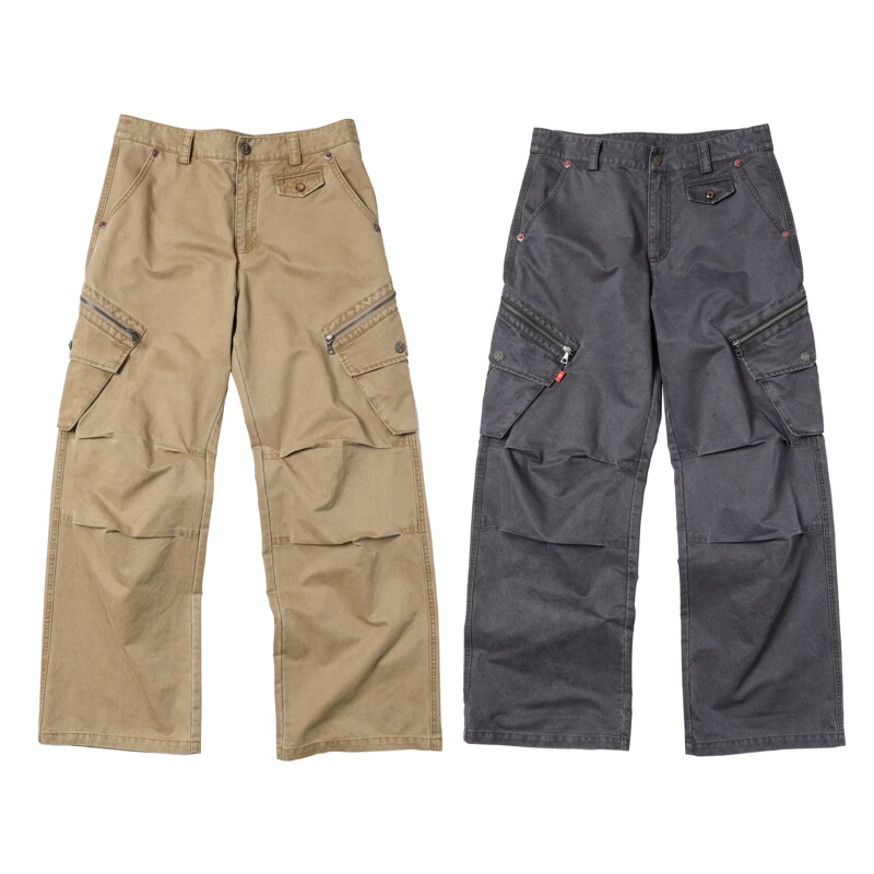 Yyces Red Turquoise Heavy Washed Distressed Three-Dimensional Cut Loose Baggy Khaki Zipper Cargo Pants Yyces Red Turquoise Heavy Washed Distressed Three-Dimensional Cut Loose Baggy Khaki Zipper Cargo Pants