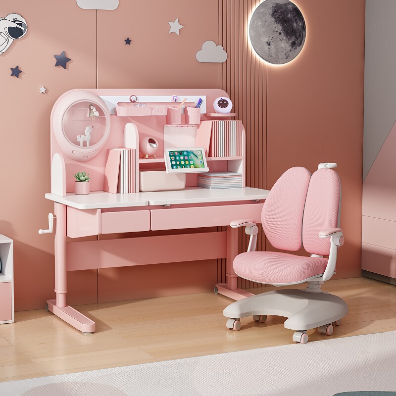 Directional Starry Sky Style Children's Study Table, Adjustable Height Solid Wood Desk, Primary School Student Home Writing Desk and Chair Set
