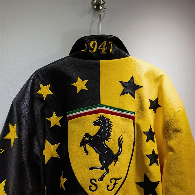 Ferrari 1947 Motorcycle Leather Jacket with Heavy-Duty Embroidery and Stitching, Vintage Street Fashion Brand Unisex Jacket