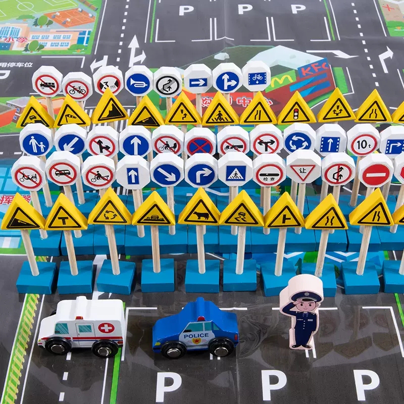 Creative Toy Pull Cart Building Blocks Traffic Safety Knowledge Signs Kindergarten Construction Area Materials Car Stereo