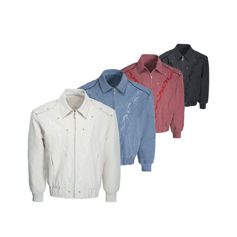 Argue Culture Red Flame 3.0 Heavy-Duty Washed Canvas Jacket with Flame Embroidery, Stand-Up Collar, Short Style, and Rivet Details