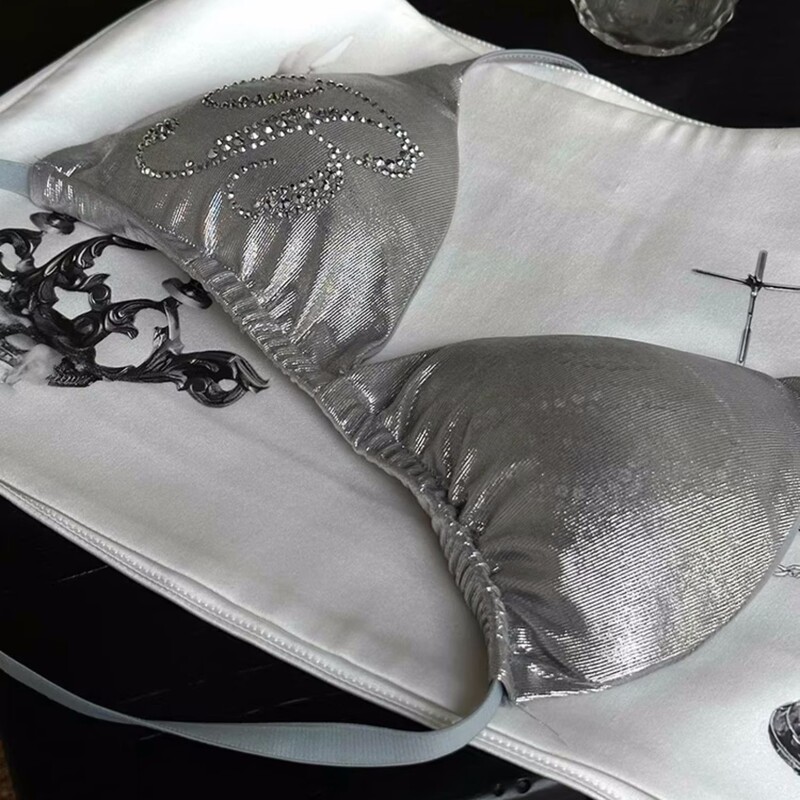 Silver Sparkling Diamond Letter Halter Bikini Sexy Strapless Bra with Unique Design and Beautiful Back Bra