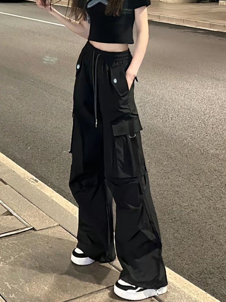 黑色速干工装裤女款夏2025新款小个子美式复古宽松直筒登山阔腿裤