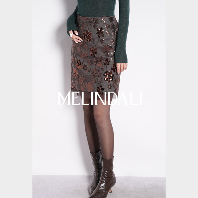 MELINDA LI Huoshu Yinhua French retro sequin embroidered denim splicing mesh hip-covering straight skirt
