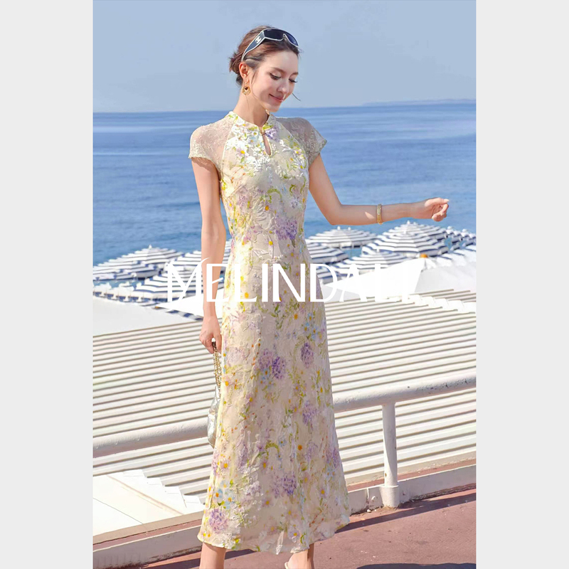 Melinda Li【Oriental Flower Goddess】New Chinese-Style Mulberry Silk Velvet Gold-Embroidered Cheongsam Bias-Cut Dress Melinda Li【Oriental Flower Goddess】New Chinese-Style Mulberry Silk Velvet Gold-Embroidered Cheongsam Bias-Cut Dress