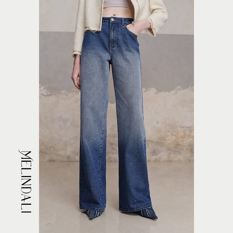 Melindali【Full Moon Night】Imported Turkish Denim Loose Straight Wide-Leg Pants with Rhinestone Embellishments Denim Trousers