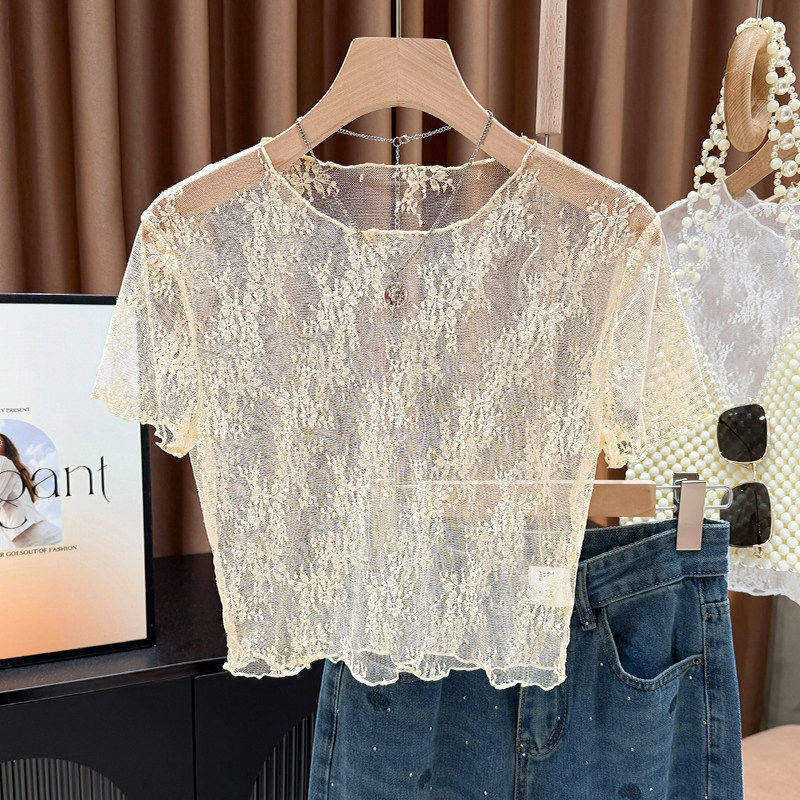 Summer Thin Lace Short-Sleeved Base Shirt for Women, Mesh See-Through Hollow-Out Top, Camisole Dress Inner Layering Top