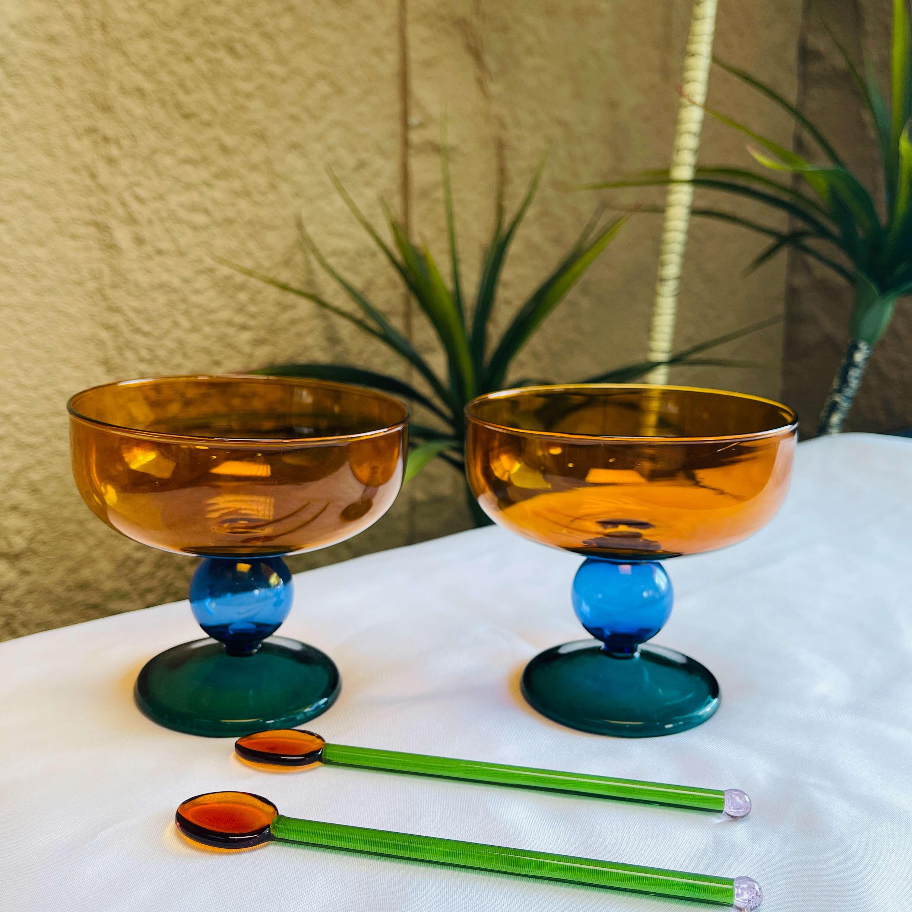 Juego de cuencos de postre de base alta de vidrio de borosilicato con diseño de bloqueo de color SQ_voghion.com