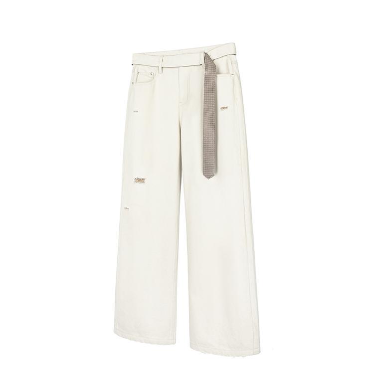 Okaythxbye 13-Ounce Detachable Houndstooth Belt Brown Yarn Straight Wide-Leg Casual White Jeans for Men