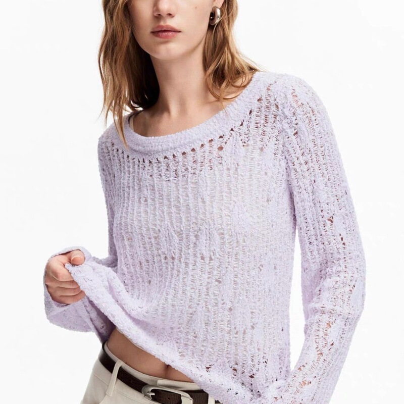 2026 Autumn New Style Breathable Mesh Crochet Soft and Skin-Friendly Loose Boat Neck Long-Sleeved Knitwear for Women