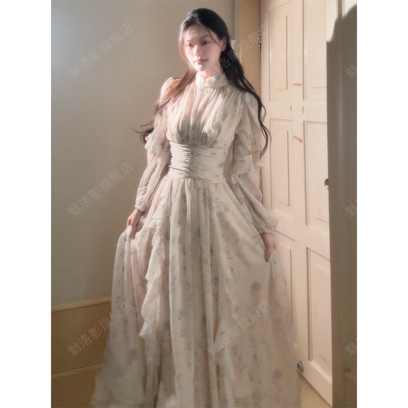 French-Style Tea Break Gentle Floral Long-Sleeve Dress for Women, New Autumn and Winter Model, Waist-Cinching and Slimming, with Chiffon Long Skirt Underneath