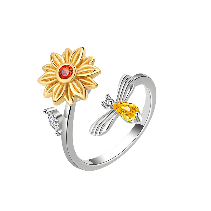 时来运转向日葵旋转戒指女花朵开口可调节蜜蜂指环浪漫情人节礼物