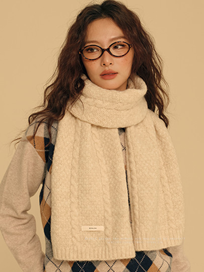 美式复古麻花羊毛围巾女冬季纯色百搭米色加厚保暖长款学院风围脖