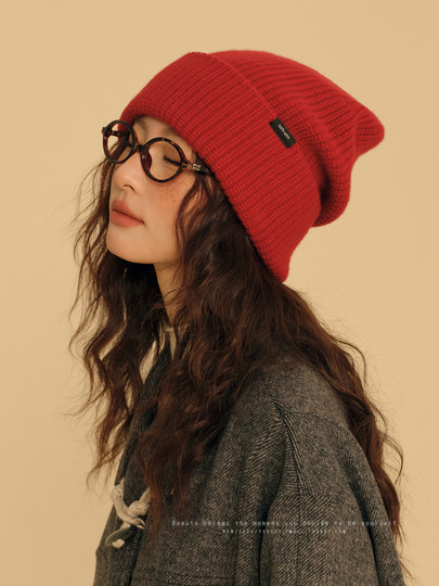 New Year Red Wool Hat for Women, Winter Australian 100% Pure Wool Knitted Slouchy Hat with Rolled Edges, Makes Face Look Smaller, Cold Weather Hat