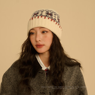 Retro Fair Isle 100% Pure Wool Knitted Hat for Women in Autumn and Winter Scandinavian Style Preppy Woolen Hat with Ear Protection and Head Covering