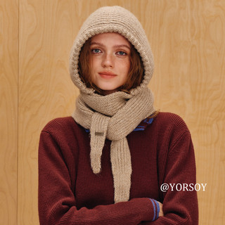 Retro Khaki Knitted Balaclava Hat for Women in Autumn and Winter, Warm and Ear-Protecting Scarf, All-In-One Woolen Hat