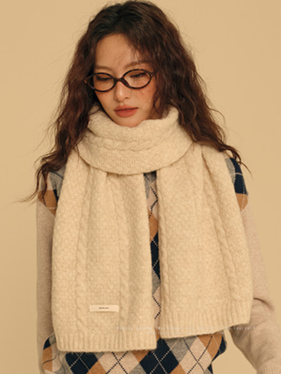 美式复古麻花羊毛围巾女冬季纯色百搭米色加厚保暖长款学院风围脖