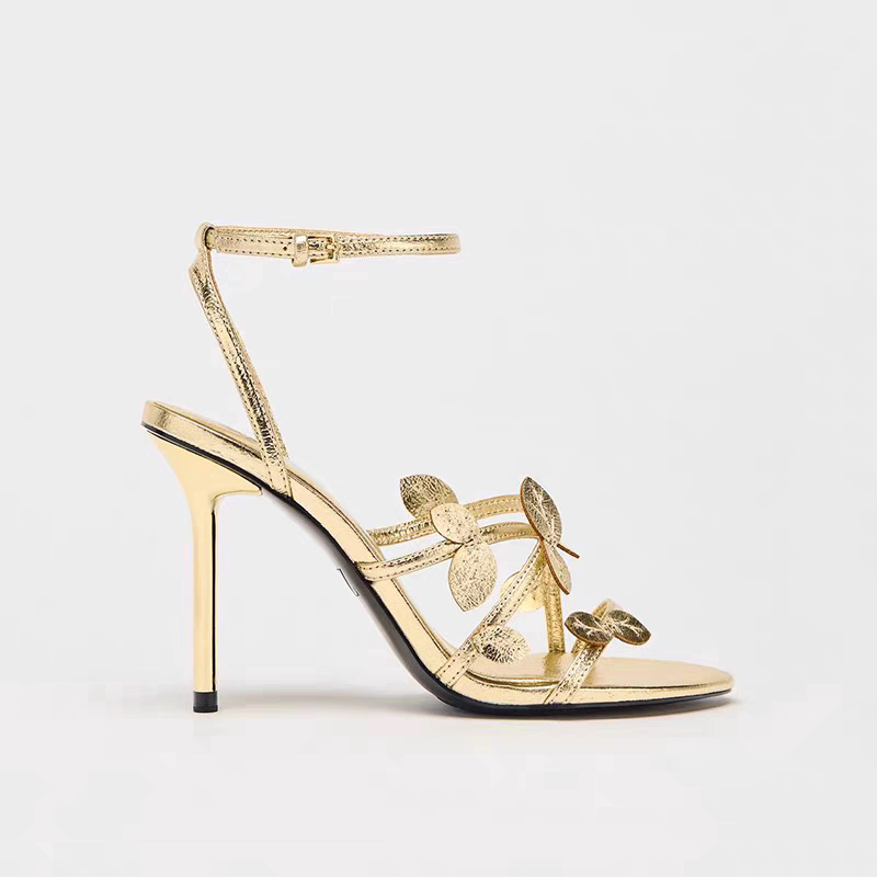Za Original 2026 Summer New Women's Shoes with Gold Floral Decoration, High Heels, High-End Design, Thin Heels, Open-Toe, Slimming Sandals
