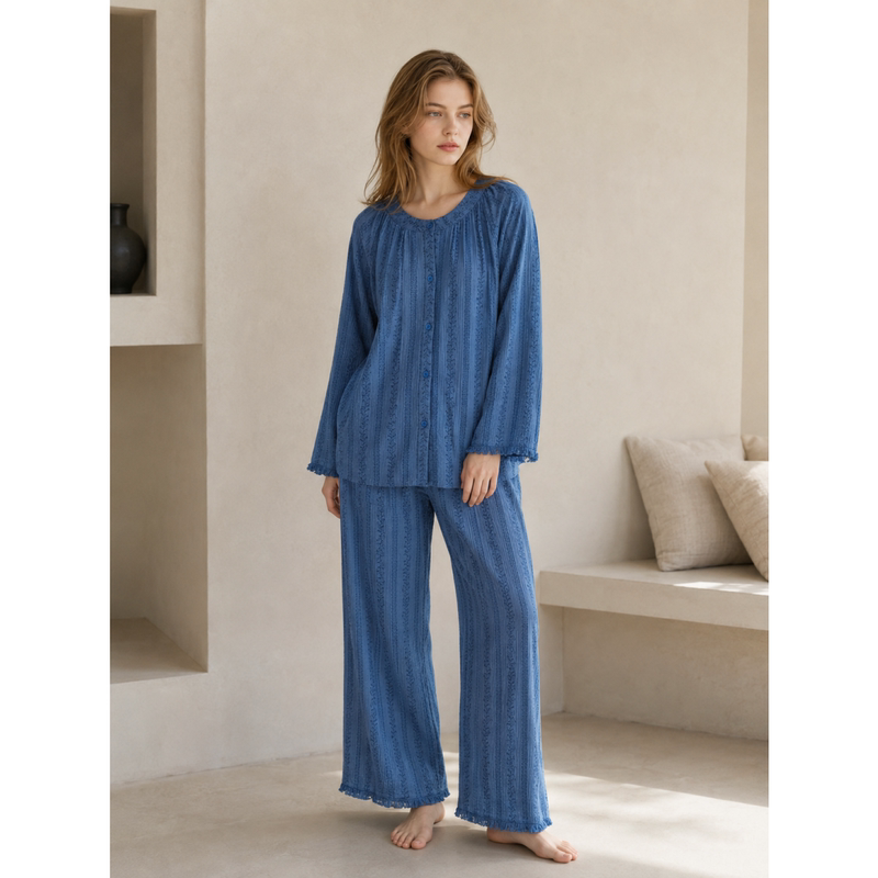 Victoria Pajamas for Women in Spring and Autumn, Pure Cotton Gauze Long-Sleeved Retro-Style Blue Baby Cotton That Can Be Worn Outside as Home Clothes Victoria Pajamas for Women in Spring and Autumn, Pure Cotton Gauze Long-Sleeved Retro-Style Blue Baby Cotton That Can Be Worn Outside as Home Clothes