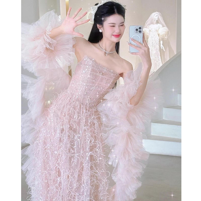 Pink Evening Dress 2026 New Style High-End Feather Bridal Engagement Wedding Dress Strapless Homecoming Toast Dress