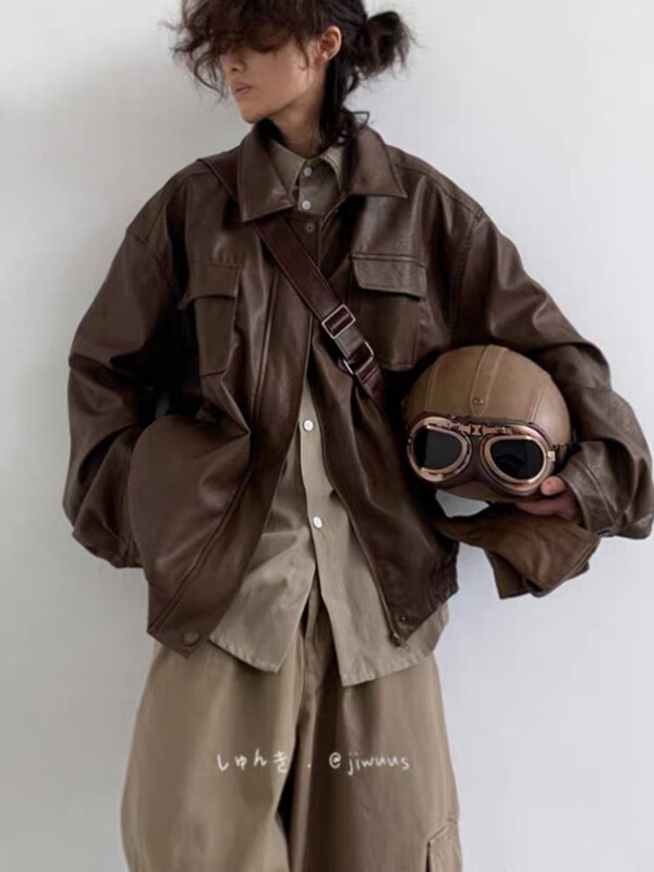 Spring and Autumn Japanese Retro Cool Pu Motorcycle Leather Jacket for Men and Women, Classic Loose Unisex Brown Leather Jacket Casual Coat
