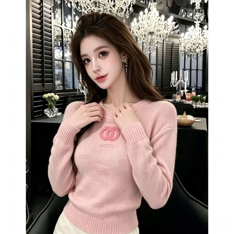 French-Style Pink Elegant Embroidered Long-Sleeve Hollow-Out Knit Top with a Soft and Cozy Feel, Round Neck, and a Beautiful Vibe