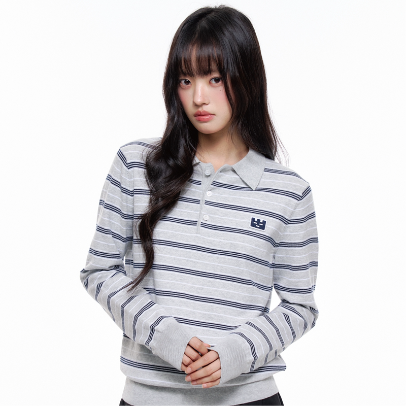 Tgwall Small Square Pattern'Light Fluff' Korean-Style Striped Sweater Embroidered Polo Collar Knit Top for Women