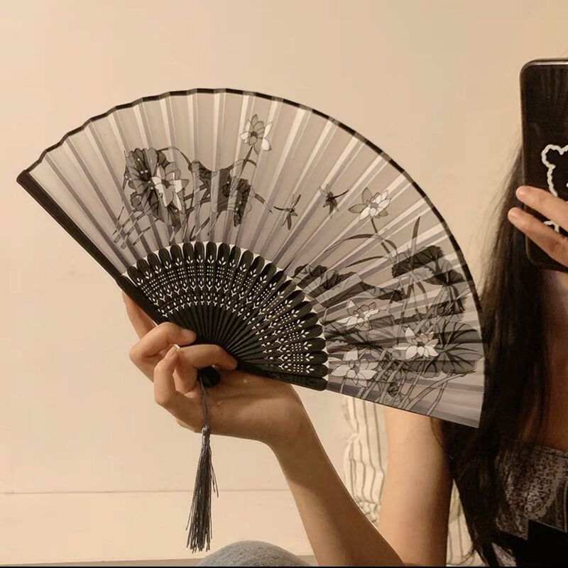 Traditional Chinese Style Folding Fan for Women, Hanfu Dance Folding Fan, Mamian Skirt New Chinese Style Ancient Costume Black Bamboo Fan
