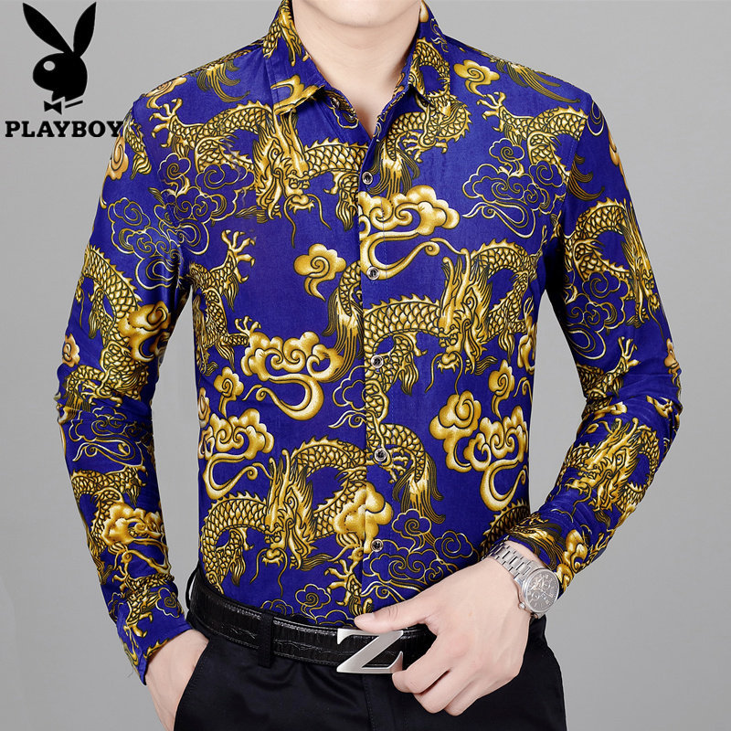 Playboy Floral Shirt, Mercerized Cotton, Chinese Style Dragon Print Shirt, Men's Large Size, Fleece-Lined, Middle-Aged and Elderly Dad's Clothing