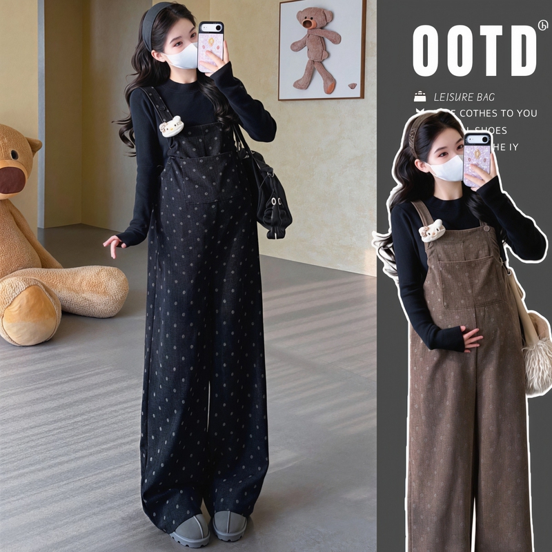 Outfits for Pregnant Moms~ Maternity Wear Autumn and Winter Set, Korean Style Thickened Warm Polka Dot Overalls, Loose Casual Two-Piece Set