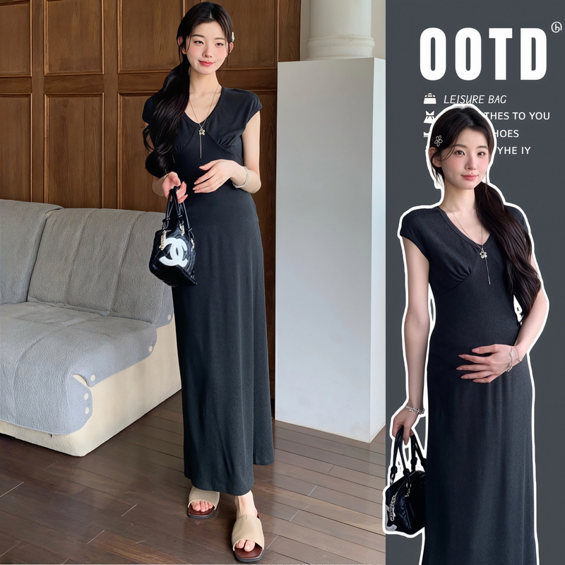 Outfits for Pregnant Moms~ French-Style High-End V-Neck Maternity Dress for Women, Stylish and Slimming Summer Long Dress for Pregnant Women