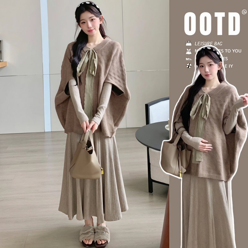 Outfits for Pregnant Moms~ Maternity Wear Autumn Set, Knitted Dress, Retro Lazy Style Cape Coat, Autumn and Winter Two-Piece Set