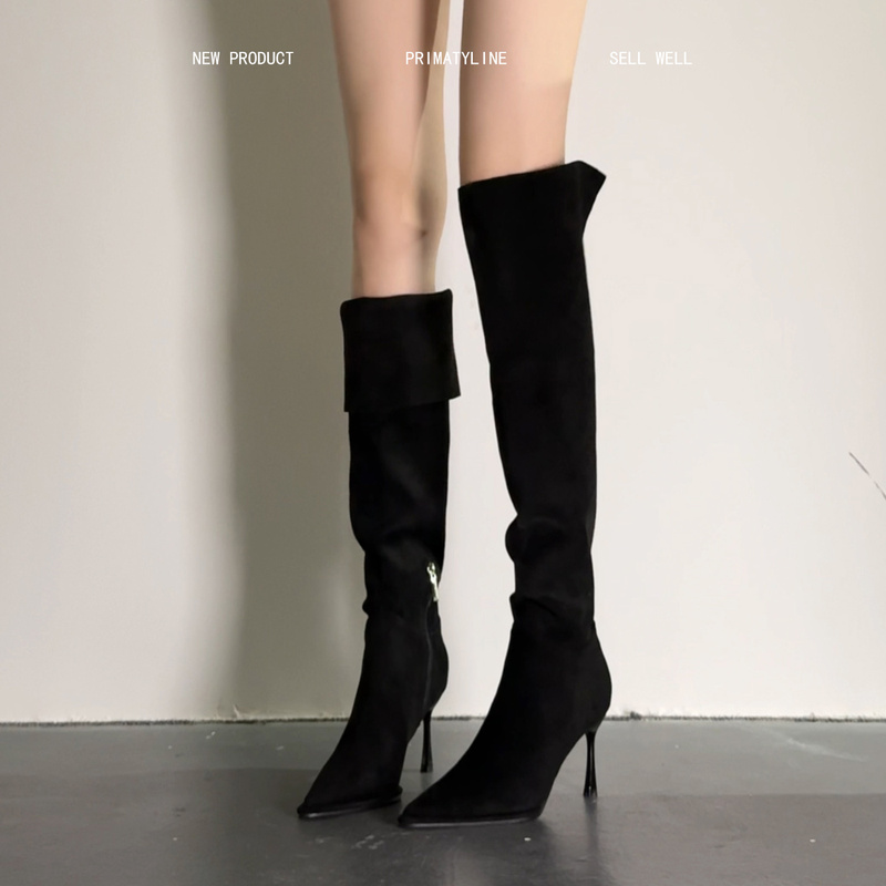Sheepskin Version! Pointed Toe Slim Boots, Retro High-Heeled Riding Boots, Hot Girl Slouchy Boots, Over-The-Knee Black Long Boots with Stiletto Heels