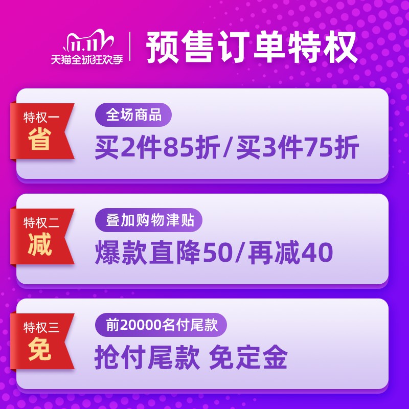 天猫双11预售特权主图PSD模板，省减免三重优惠阶梯式营销设计免费下载